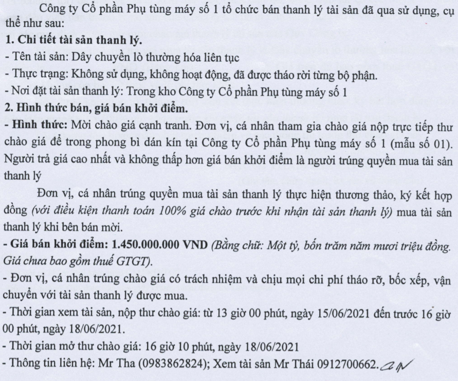 THƯ MỜI CHÀO GIÁ VỀ VIỆC THANH LÝ TÀI SẢN CỐ ĐỊNH